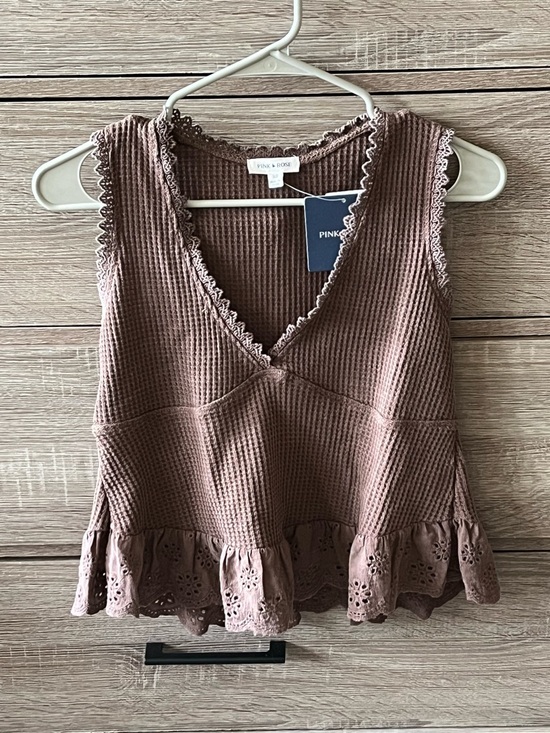 Pink Rose Tops - Pink Rose Mauve Waffle V-Neck Tank with Eyelet Ruffle Hem